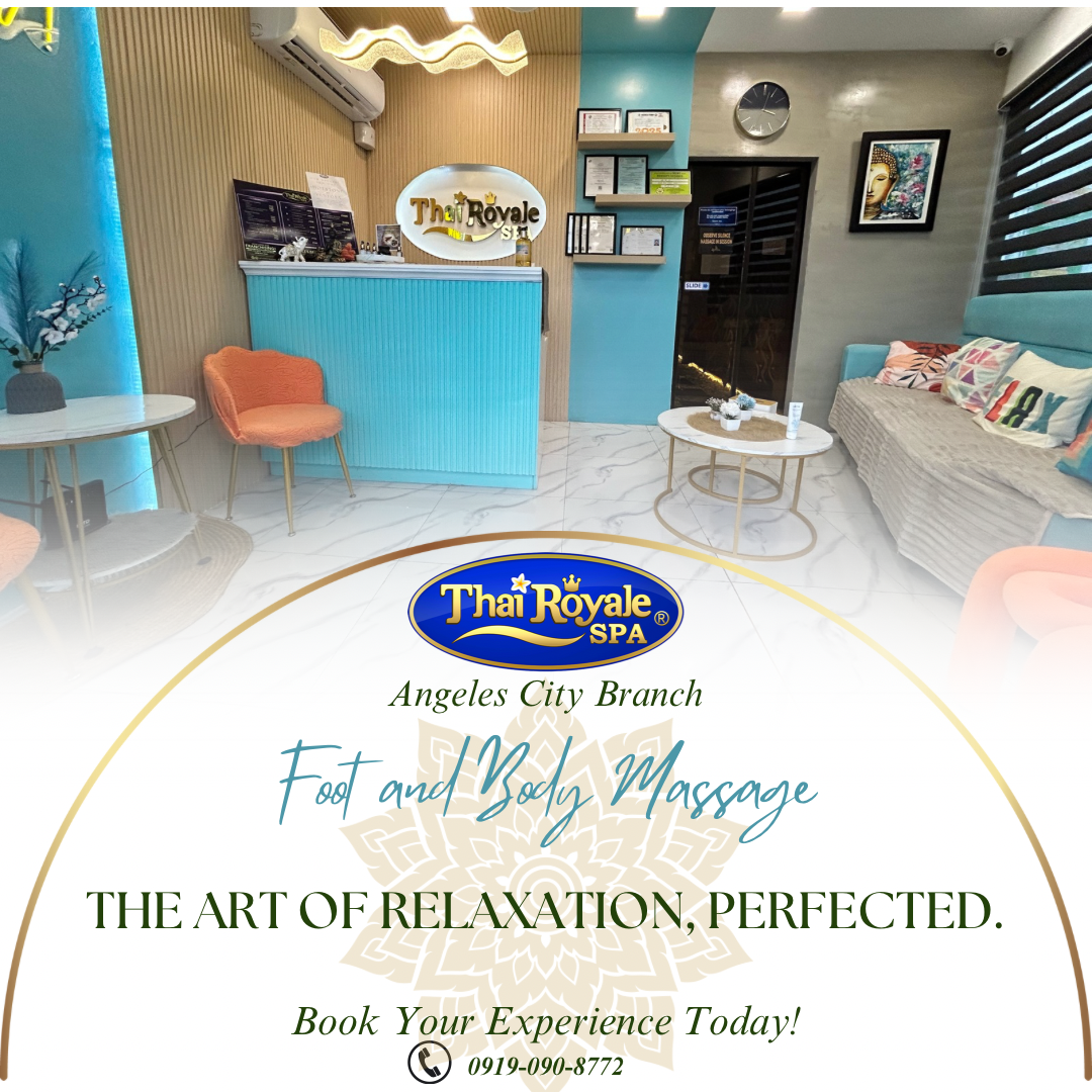 Thai Royale Spa Angeles City reception with turquoise front desk and Buddha artwork
